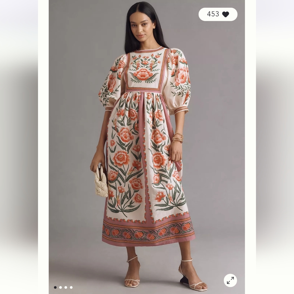 FARM Rio Blush and Coral Floral Embroidered Midi Dress